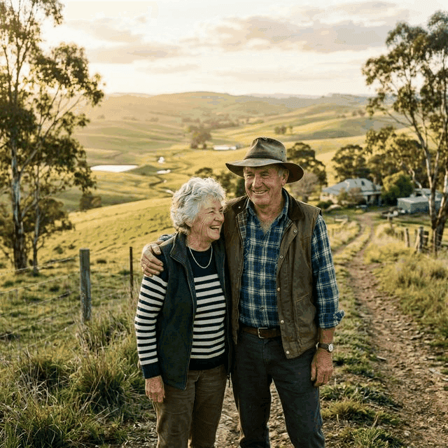 Older couple looking out over their land